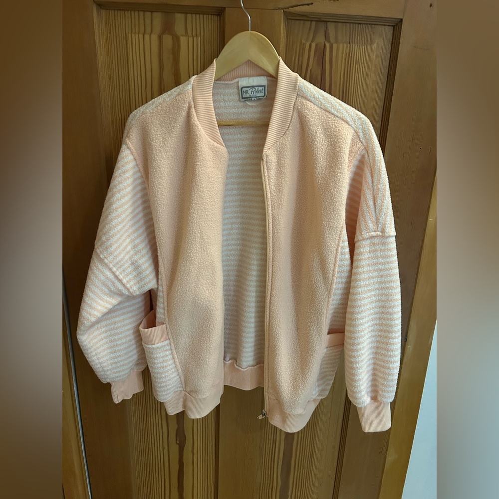Vintage Peach Pastel Striped Bomber Fleece Sweater Size Large